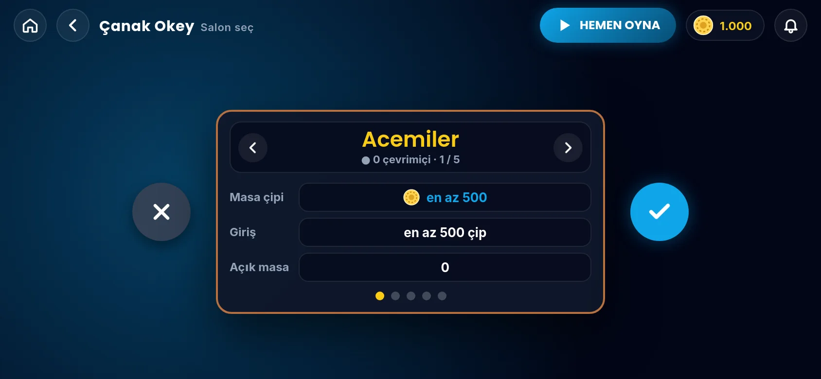 Çanak Okey salon seçme penceresi